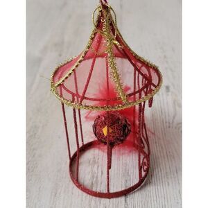 Glitter bird cage golden trim ornament Xmas decor